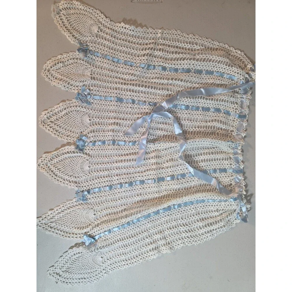 Vintage Handmade White Crochet Lace Apron with Blue Ribbon Ties
